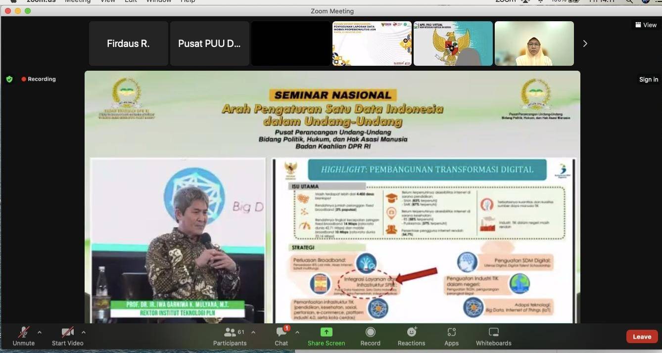 Rektor ITPLN dalam seminar nasional Satu Data Indonesia yang diselenggarakan Badan Keahlian DPR-RI. Dok. Tangkapan Layar