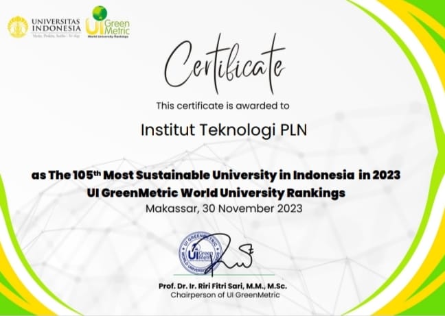 Rankings UI GreenMetric Institut Teknologi PLN. Dok. Istimewa